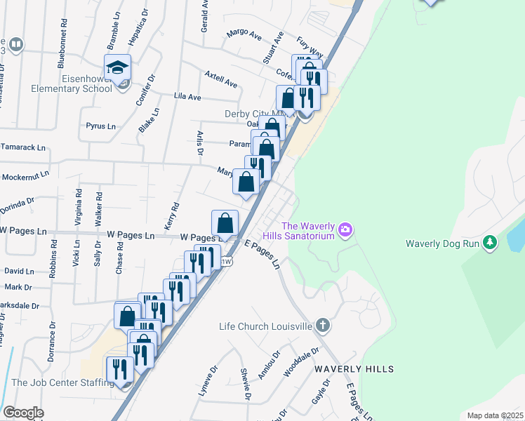 map of restaurants, bars, coffee shops, grocery stores, and more near 8177 Dixie Highway in Louisville