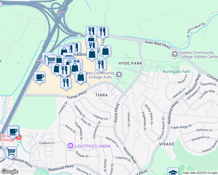 map of restaurants, bars, coffee shops, grocery stores, and more near 7104 Majestic Court in Vallejo