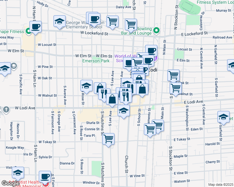 map of restaurants, bars, coffee shops, grocery stores, and more near 211 South Pleasant Avenue in Lodi
