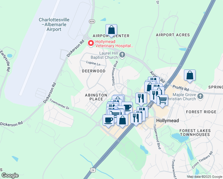 map of restaurants, bars, coffee shops, grocery stores, and more near 1439 Timberwood Boulevard in Charlottesville