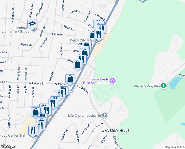 map of restaurants, bars, coffee shops, grocery stores, and more near 8509 Standing Oak Drive in Louisville