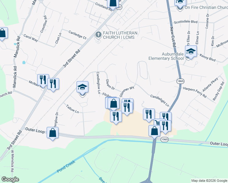 map of restaurants, bars, coffee shops, grocery stores, and more near 808 Gleam Drive in Louisville