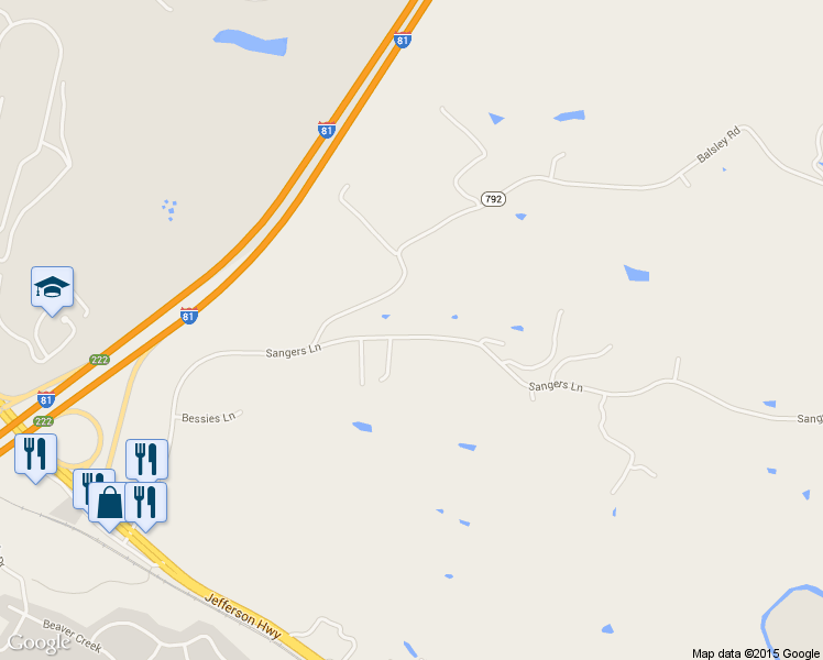 map of restaurants, bars, coffee shops, grocery stores, and more near 344 Sangers Lane in Staunton