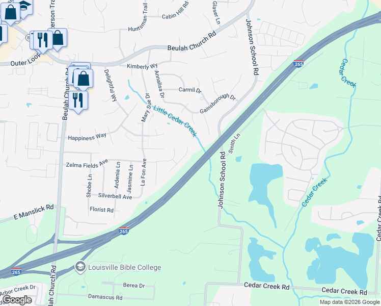map of restaurants, bars, coffee shops, grocery stores, and more near 8501 Branchtree Place in Louisville