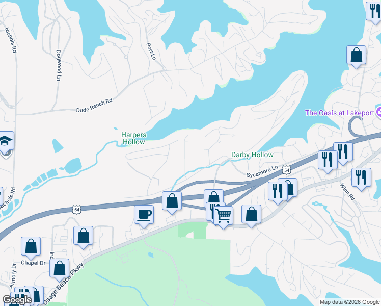 map of restaurants, bars, coffee shops, grocery stores, and more near Oak Road in Osage Beach