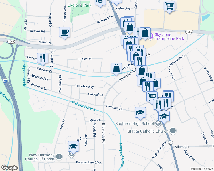 map of restaurants, bars, coffee shops, grocery stores, and more near 3910 Britt Lane in Louisville