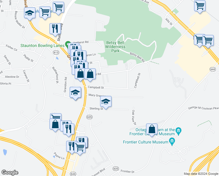 map of restaurants, bars, coffee shops, grocery stores, and more near 335 Campbell Street in Staunton