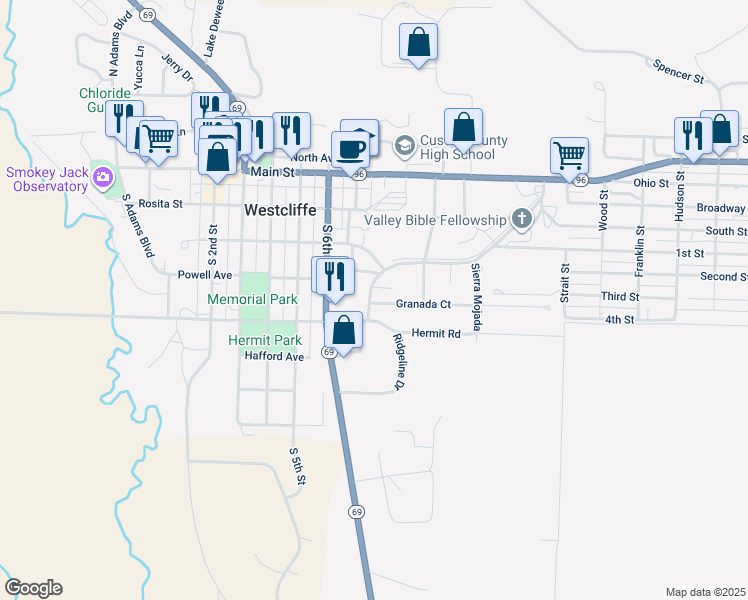 map of restaurants, bars, coffee shops, grocery stores, and more near 101 Hermit Lane in Westcliffe
