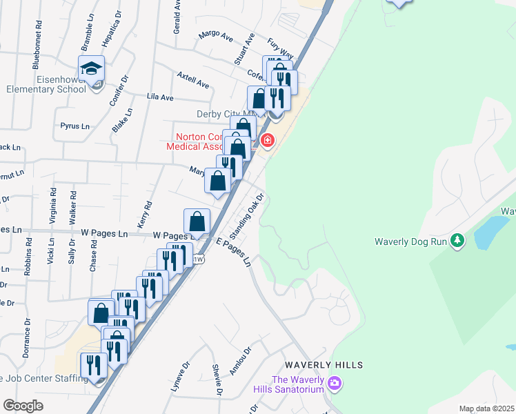 map of restaurants, bars, coffee shops, grocery stores, and more near 8509 Standing Oak Drive in Louisville