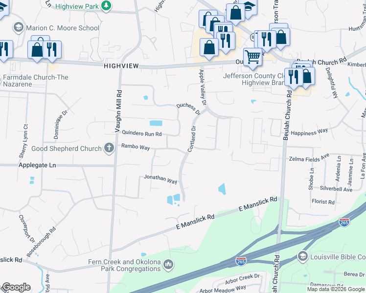 map of restaurants, bars, coffee shops, grocery stores, and more near 7409 Rambo Way in Louisville
