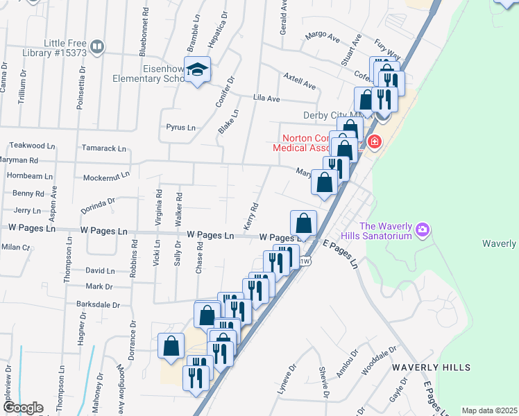 map of restaurants, bars, coffee shops, grocery stores, and more near 8207 Kerry Road in Louisville