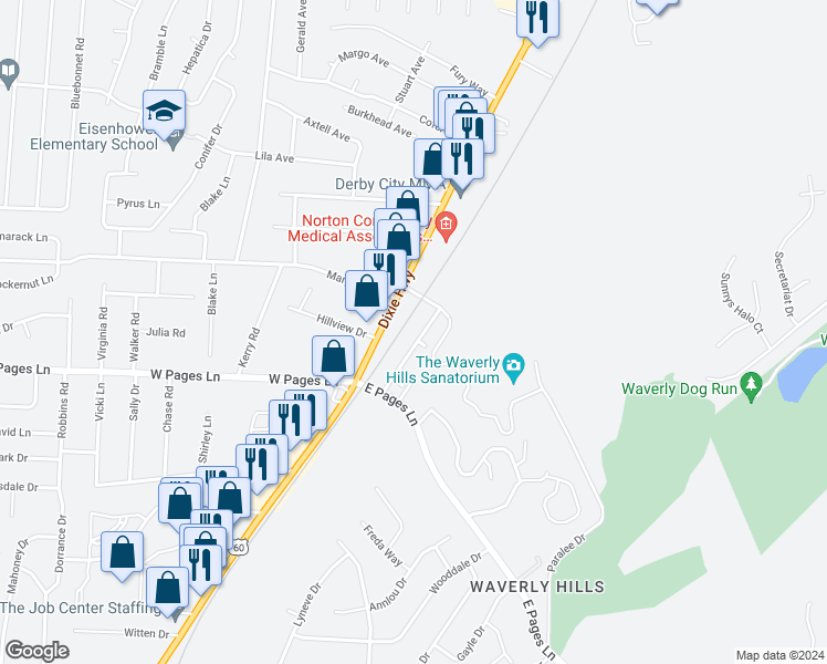 map of restaurants, bars, coffee shops, grocery stores, and more near 8508 Standing Oak Drive in Louisville