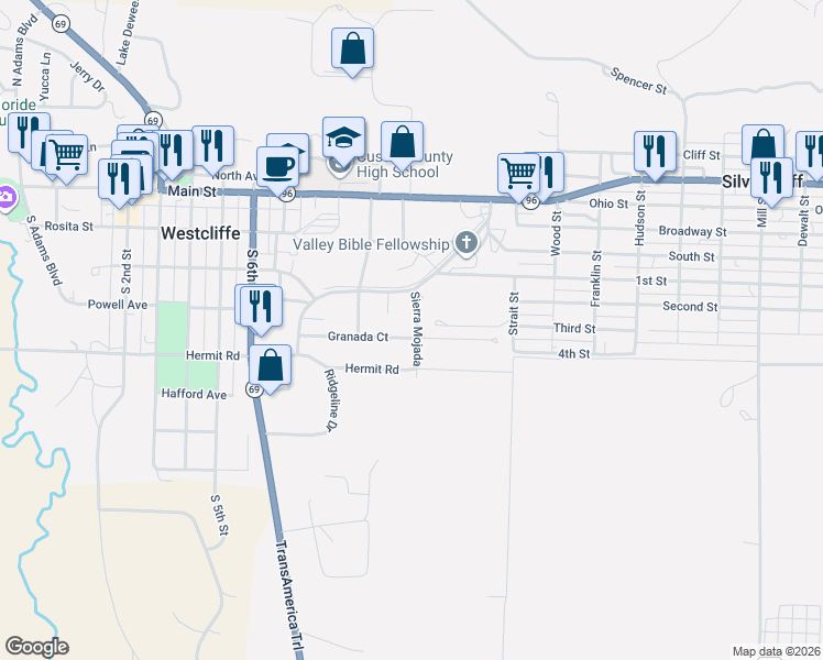 map of restaurants, bars, coffee shops, grocery stores, and more near 30 Granada Court in Westcliffe
