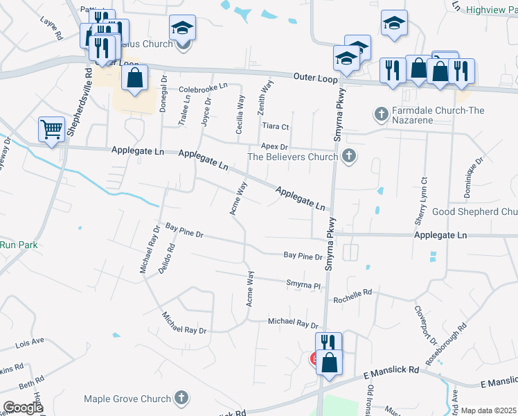 map of restaurants, bars, coffee shops, grocery stores, and more near 6200 Princess Way in Louisville