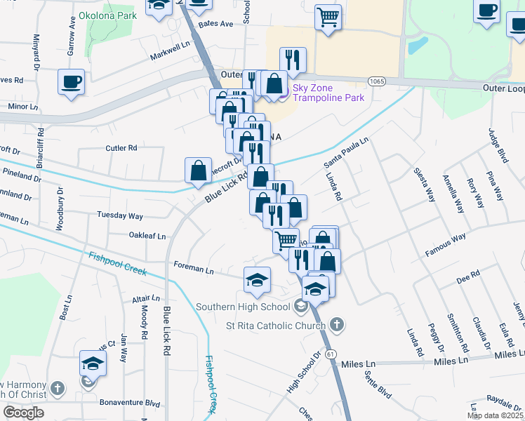 map of restaurants, bars, coffee shops, grocery stores, and more near in Louisville