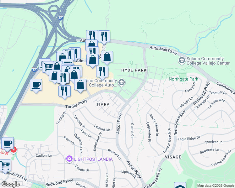 map of restaurants, bars, coffee shops, grocery stores, and more near Turner Pkwy & Tiara Dr in Vallejo