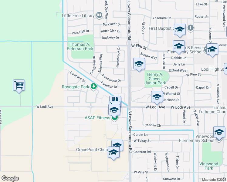 map of restaurants, bars, coffee shops, grocery stores, and more near 2641 Buttercup Drive in Lodi