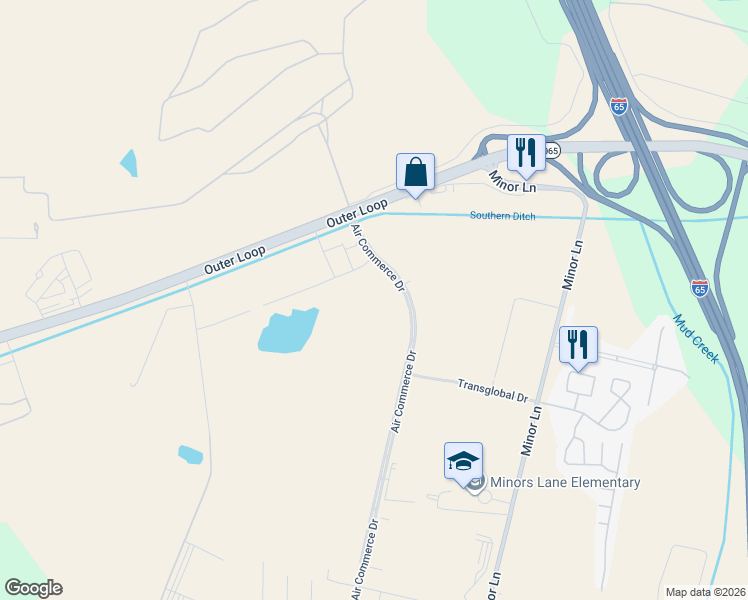 map of restaurants, bars, coffee shops, grocery stores, and more near 8100 Air Commerce Drive in Louisville