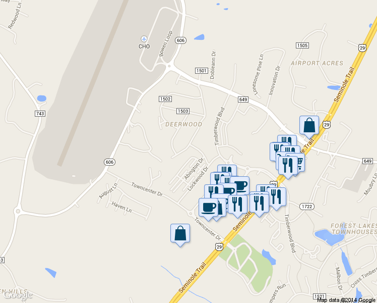 map of restaurants, bars, coffee shops, grocery stores, and more near 147 Deerwood Drive in Charlottesville