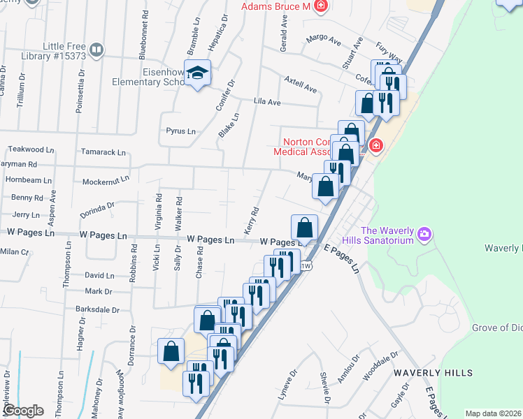 map of restaurants, bars, coffee shops, grocery stores, and more near 8207 Kerry Road in Louisville