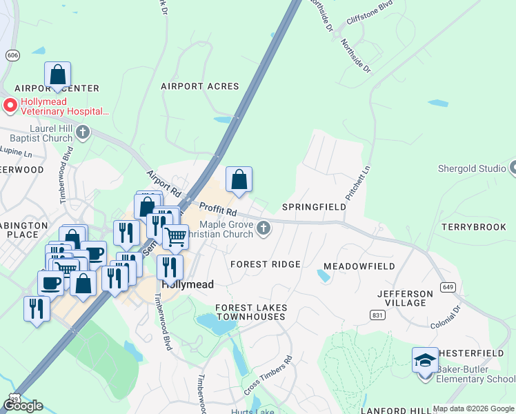 map of restaurants, bars, coffee shops, grocery stores, and more near 3201-3213 Proffit Rd in Charlottesville