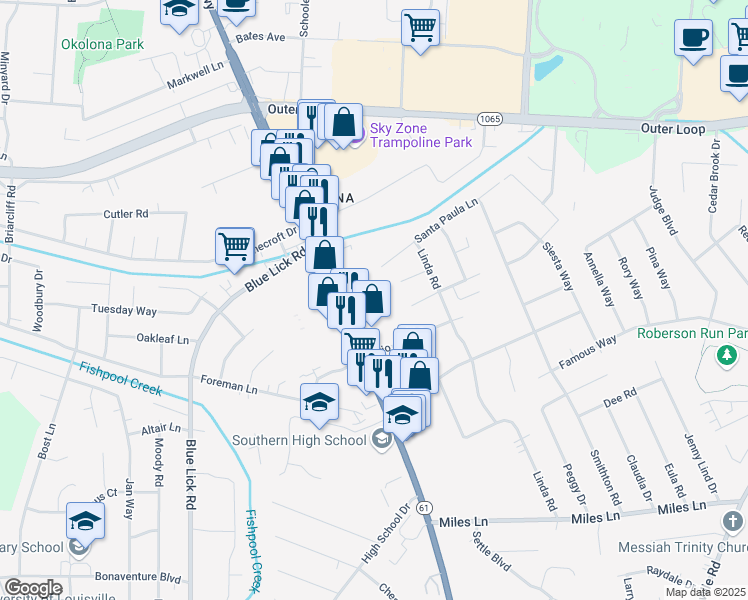 map of restaurants, bars, coffee shops, grocery stores, and more near 8319 Preston Hwy in Louisville