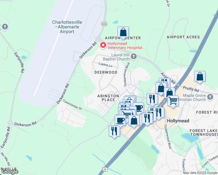 map of restaurants, bars, coffee shops, grocery stores, and more near 147 Deerwood Drive in Charlottesville