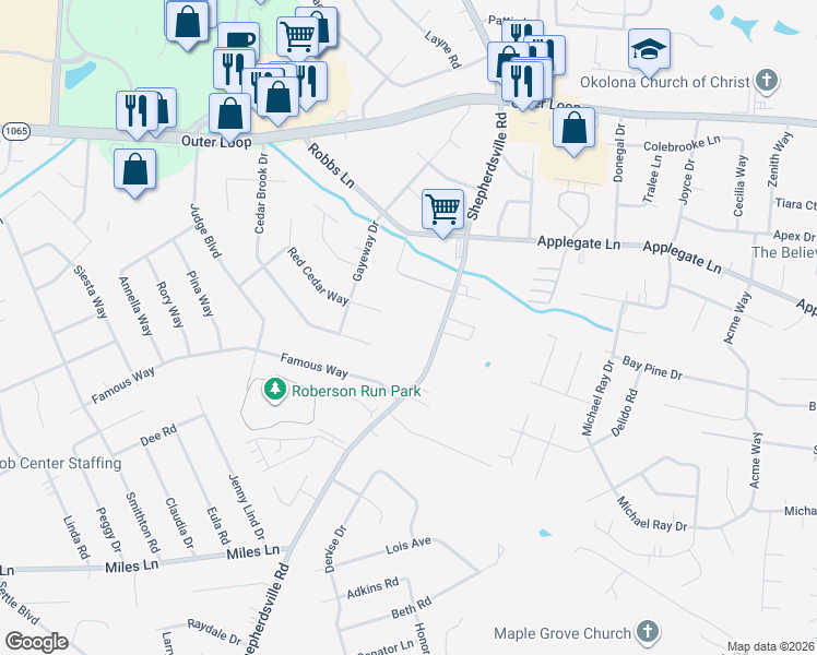 map of restaurants, bars, coffee shops, grocery stores, and more near 8016 Shepherdsville Road in Louisville