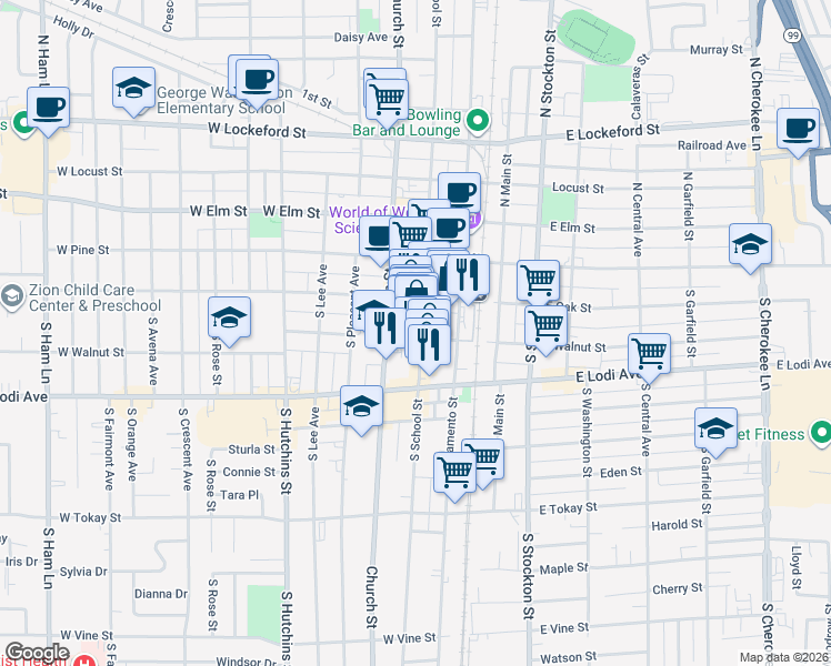 map of restaurants, bars, coffee shops, grocery stores, and more near 200 South School Street in Lodi