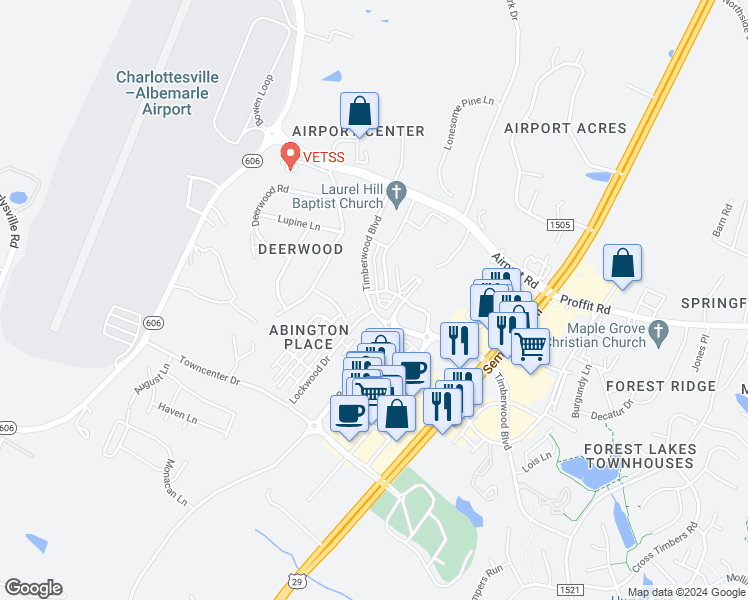 map of restaurants, bars, coffee shops, grocery stores, and more near 1446 Timberwood Boulevard in Charlottesville