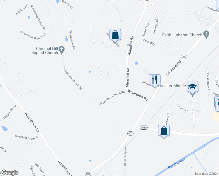 map of restaurants, bars, coffee shops, grocery stores, and more near 8223 Saint Anthony Church Road in Louisville