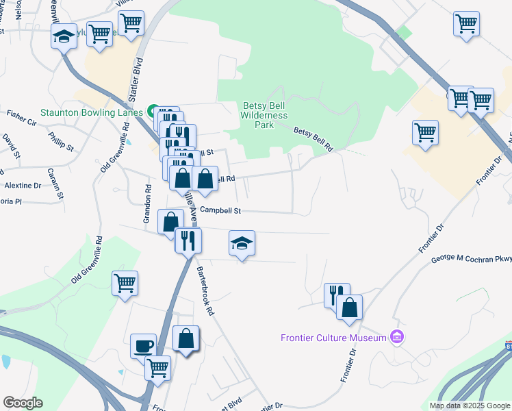 map of restaurants, bars, coffee shops, grocery stores, and more near 336 Campbell Street in Staunton