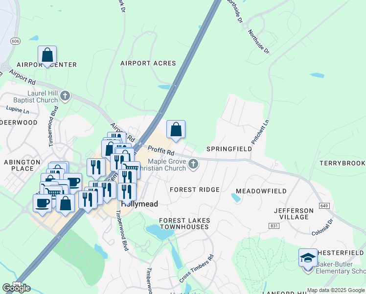 map of restaurants, bars, coffee shops, grocery stores, and more near 3231 Acadia Drive in Charlottesville