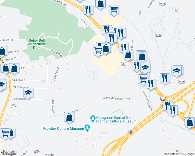 map of restaurants, bars, coffee shops, grocery stores, and more near 10 Frontier Ridge Court in Staunton