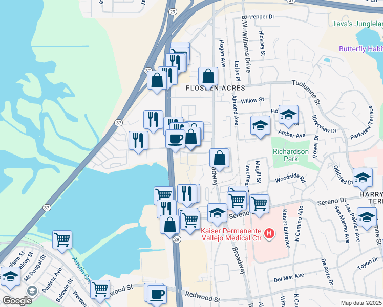 map of restaurants, bars, coffee shops, grocery stores, and more near 1801 Broadway Street in Vallejo