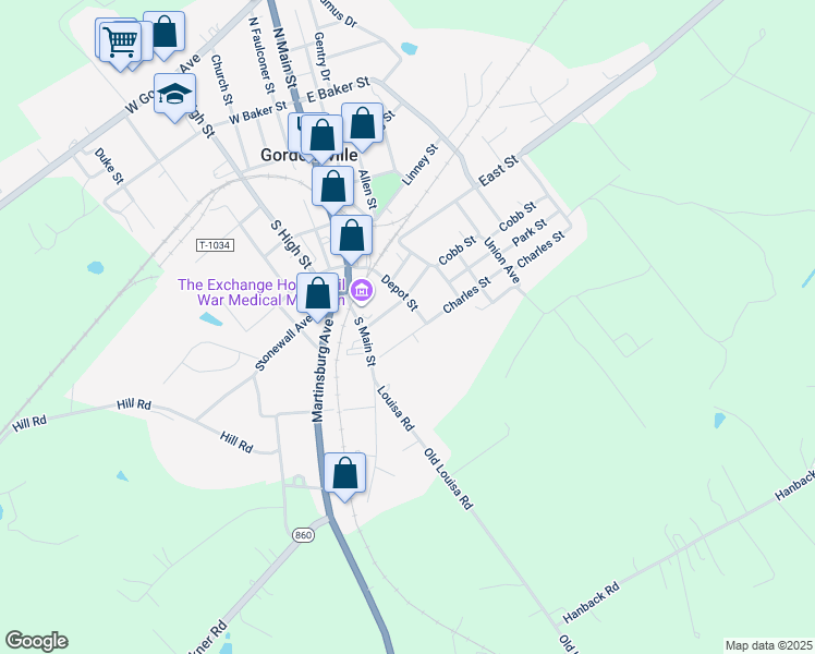 map of restaurants, bars, coffee shops, grocery stores, and more near 118 Charles Street in Gordonsville