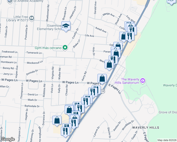 map of restaurants, bars, coffee shops, grocery stores, and more near 8207 Kerry Road in Louisville