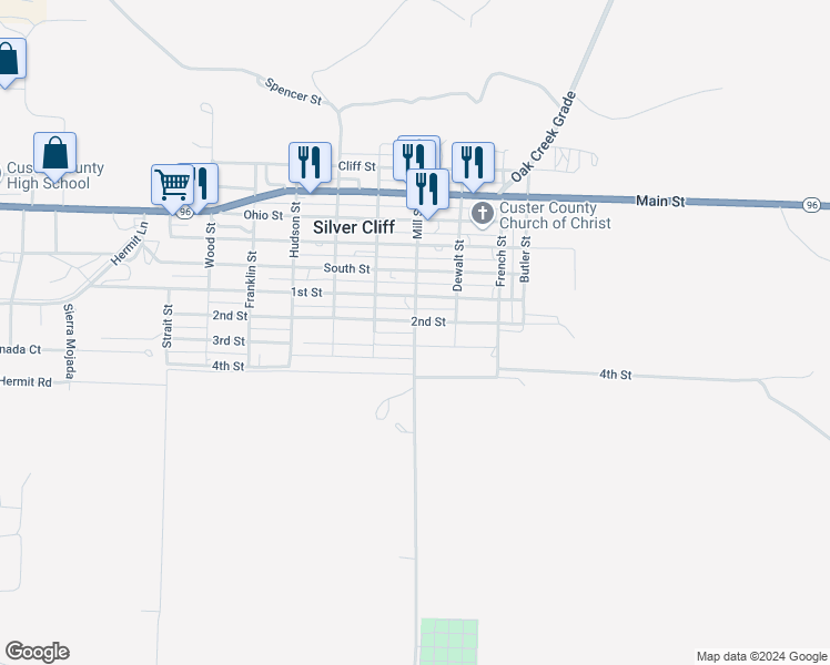 map of restaurants, bars, coffee shops, grocery stores, and more near Mill Street in Silver Cliff