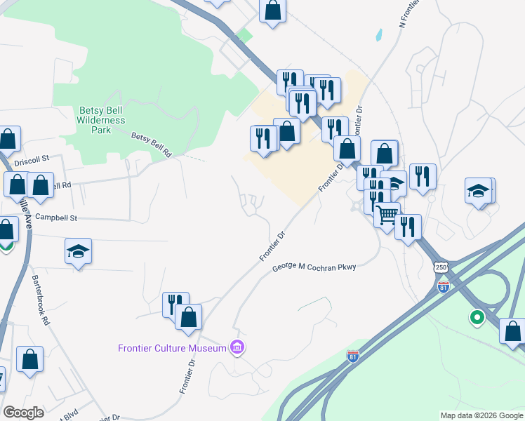 map of restaurants, bars, coffee shops, grocery stores, and more near 10 Frontier Ridge Court in Staunton