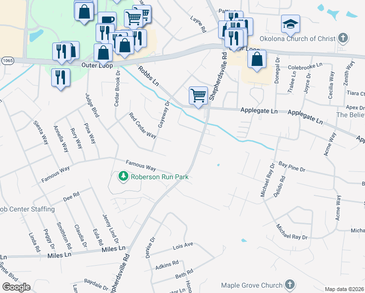 map of restaurants, bars, coffee shops, grocery stores, and more near 5419 Shearling Drive in Louisville