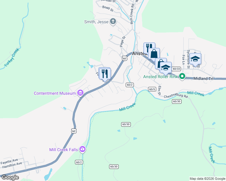 map of restaurants, bars, coffee shops, grocery stores, and more near 19527 Midland Trail in Ansted