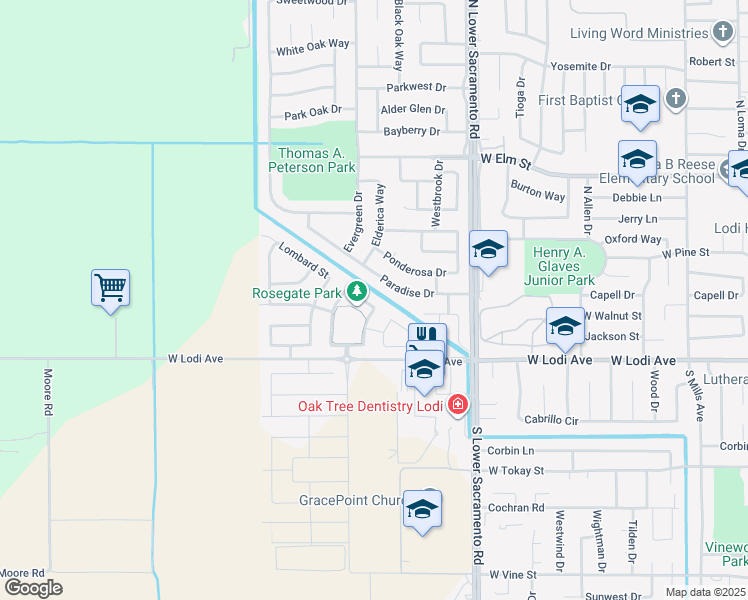 map of restaurants, bars, coffee shops, grocery stores, and more near 186 Cottage Lane in Lodi