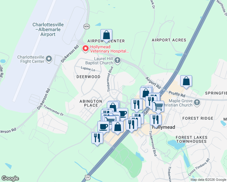 map of restaurants, bars, coffee shops, grocery stores, and more near 1478 Timberwood Boulevard in Charlottesville