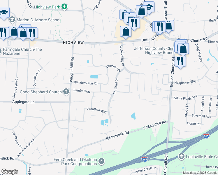 map of restaurants, bars, coffee shops, grocery stores, and more near 7409 Rambo Way in Louisville