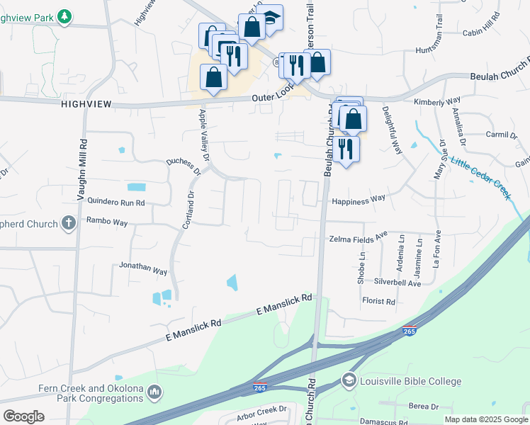 map of restaurants, bars, coffee shops, grocery stores, and more near 8512 Grand Neptune Drive in Louisville