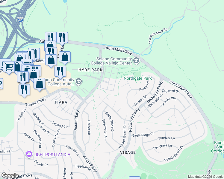 map of restaurants, bars, coffee shops, grocery stores, and more near 1149 Symphony Way in Vallejo