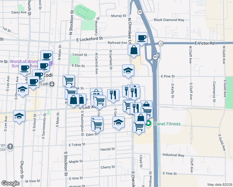 map of restaurants, bars, coffee shops, grocery stores, and more near 504 East Walnut Street in Lodi