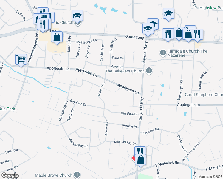 map of restaurants, bars, coffee shops, grocery stores, and more near 6200 Princess Way in Louisville