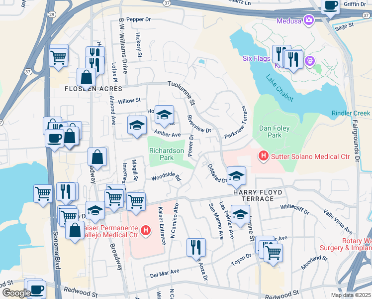 map of restaurants, bars, coffee shops, grocery stores, and more near 105 Power Drive in Vallejo