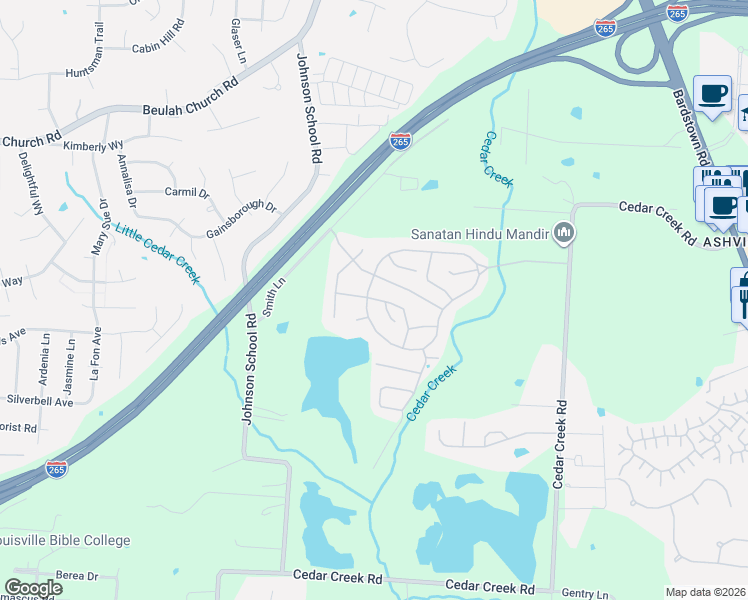 map of restaurants, bars, coffee shops, grocery stores, and more near 7910 Loft Court in Louisville